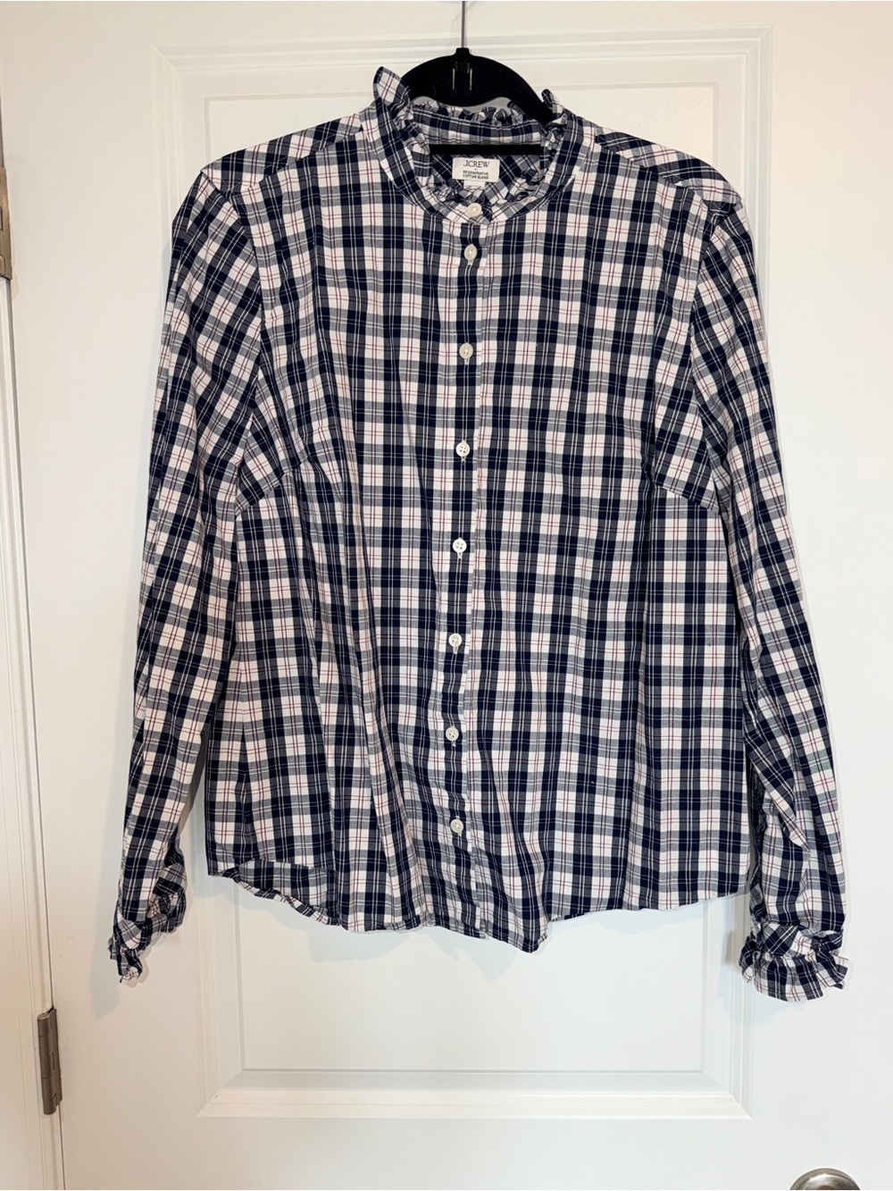 J.Crew Navy & White Plaid Ruffle Collar Button-Down Blouse - Picture 2 of 5